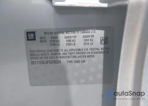 2015 Chevrolet Impala 1Lt from USA, damaged, VIN 2G1115SL0F9278524